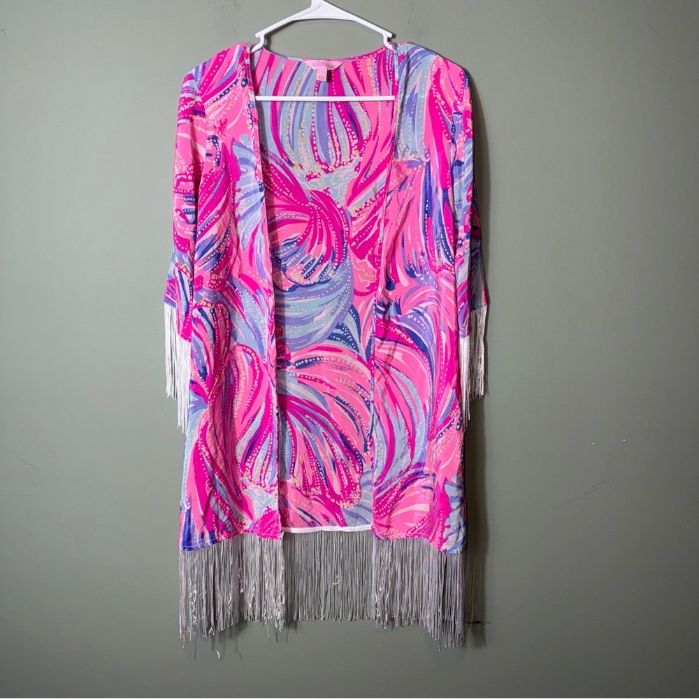 Lilly Pulitzer Women’s Noelle 100% Silk Kimono Oh My Guava Fringe Pink/Blue XS/S